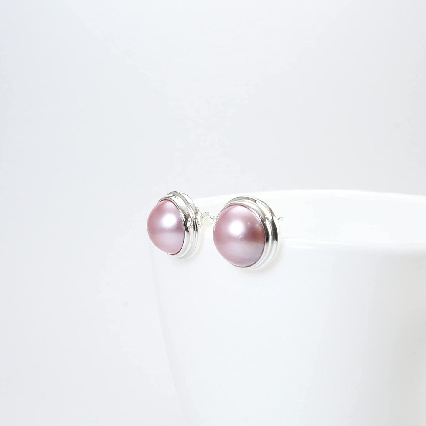pink mabe pearl earrings stud Round 13 mm set in handmade double bezel 925 sterling silver