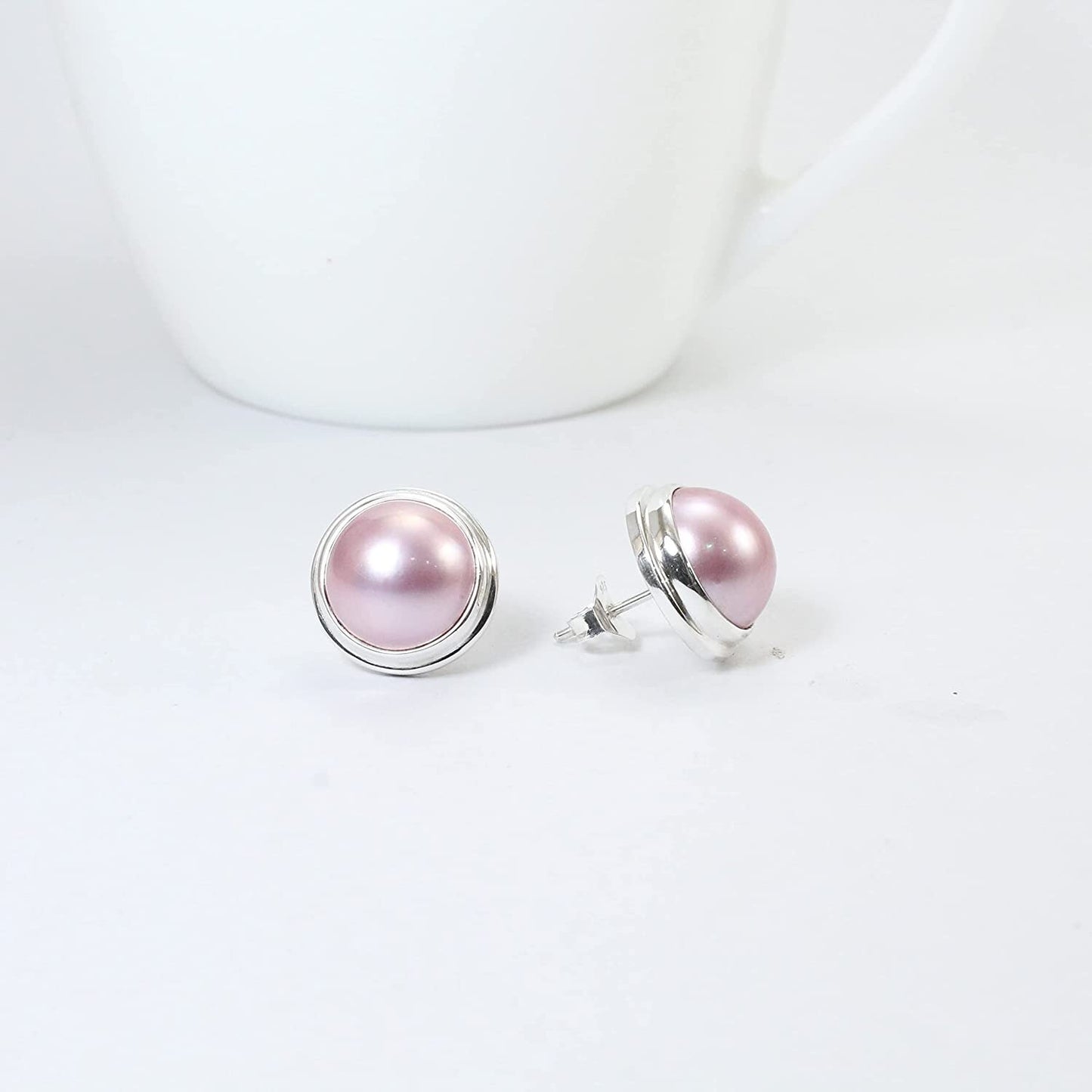 pink mabe pearl earrings stud Round 13 mm set in handmade double bezel 925 sterling silver