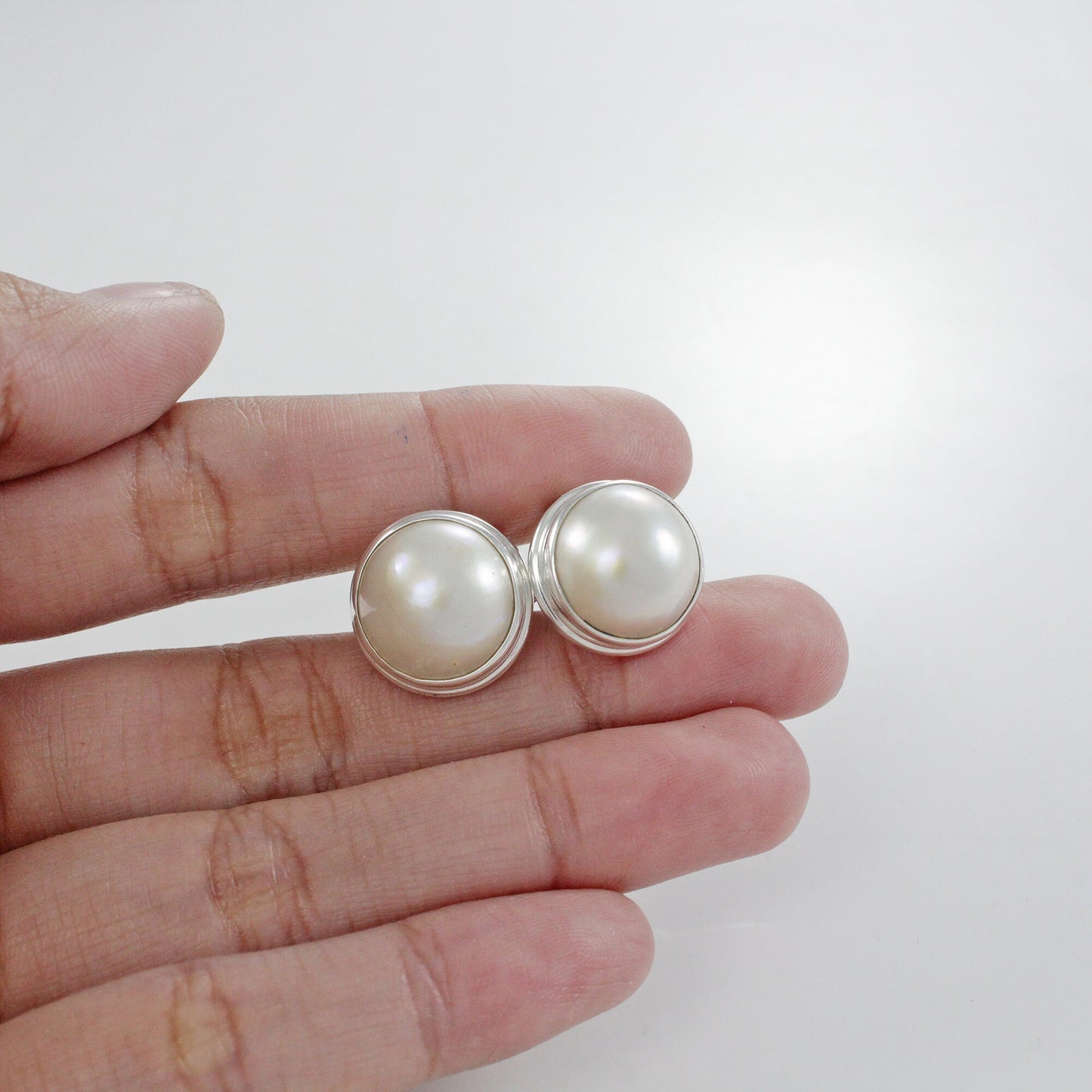 mabe pearl earrings stud set in double bezel handmade 925 sterling silver with omega closure