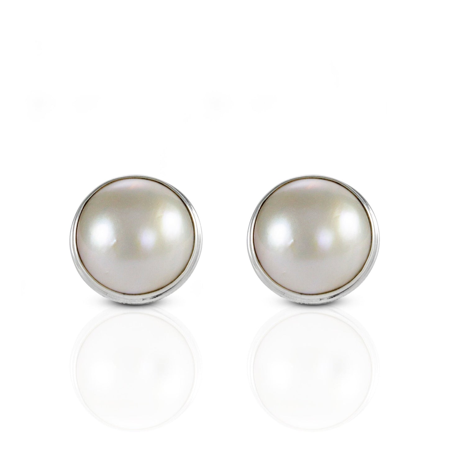 mabe pearl earrings stud set in double bezel handmade 925 sterling silver with omega closure