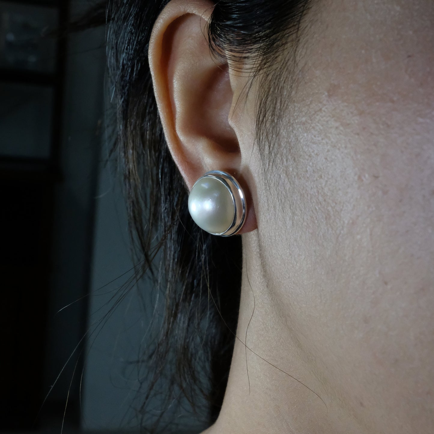mabe pearl earrings stud set in double bezel handmade 925 sterling silver with omega closure