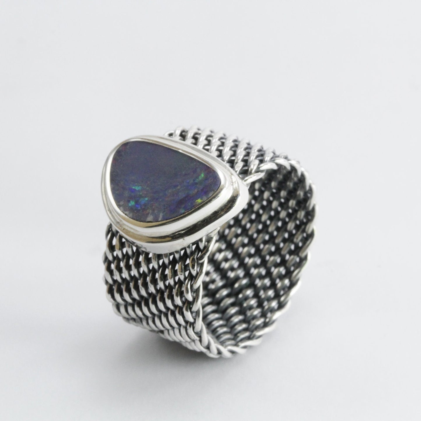 Handmade woven chain ring in 925 sterling silver with natural Australian Opal, Genuine fire Opal Ring