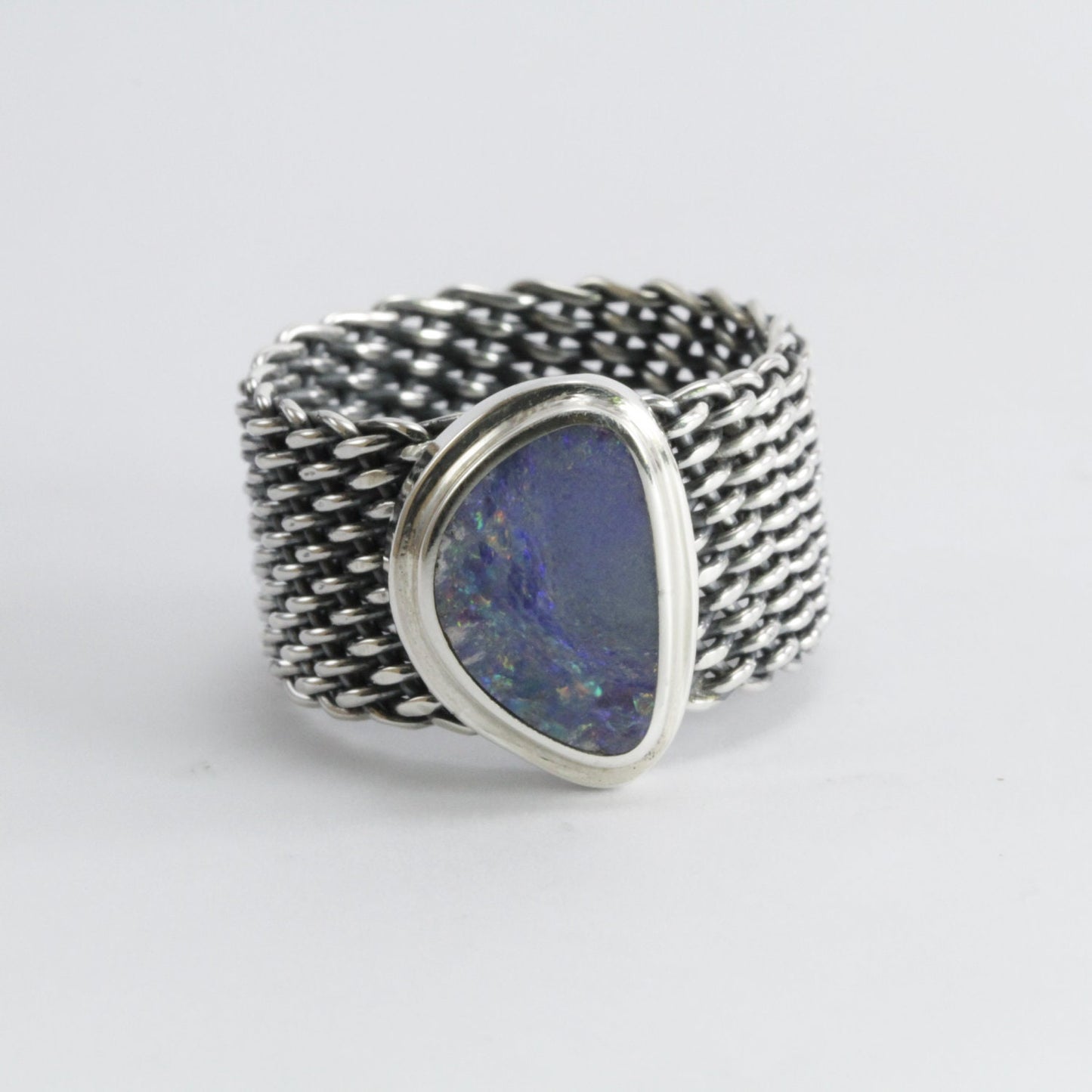 Handmade woven chain ring in 925 sterling silver with natural Australian Opal, Genuine fire Opal Ring