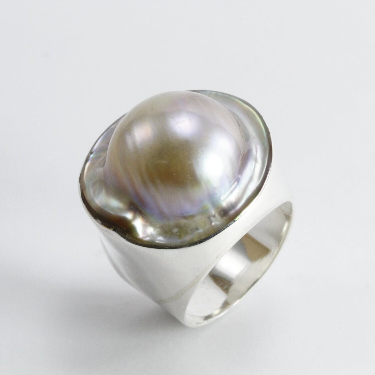 blister mabe pearl set in Handmade ring 925 sterling silver ring, RARE 20 mm blister ring bezel set, box ring with blister