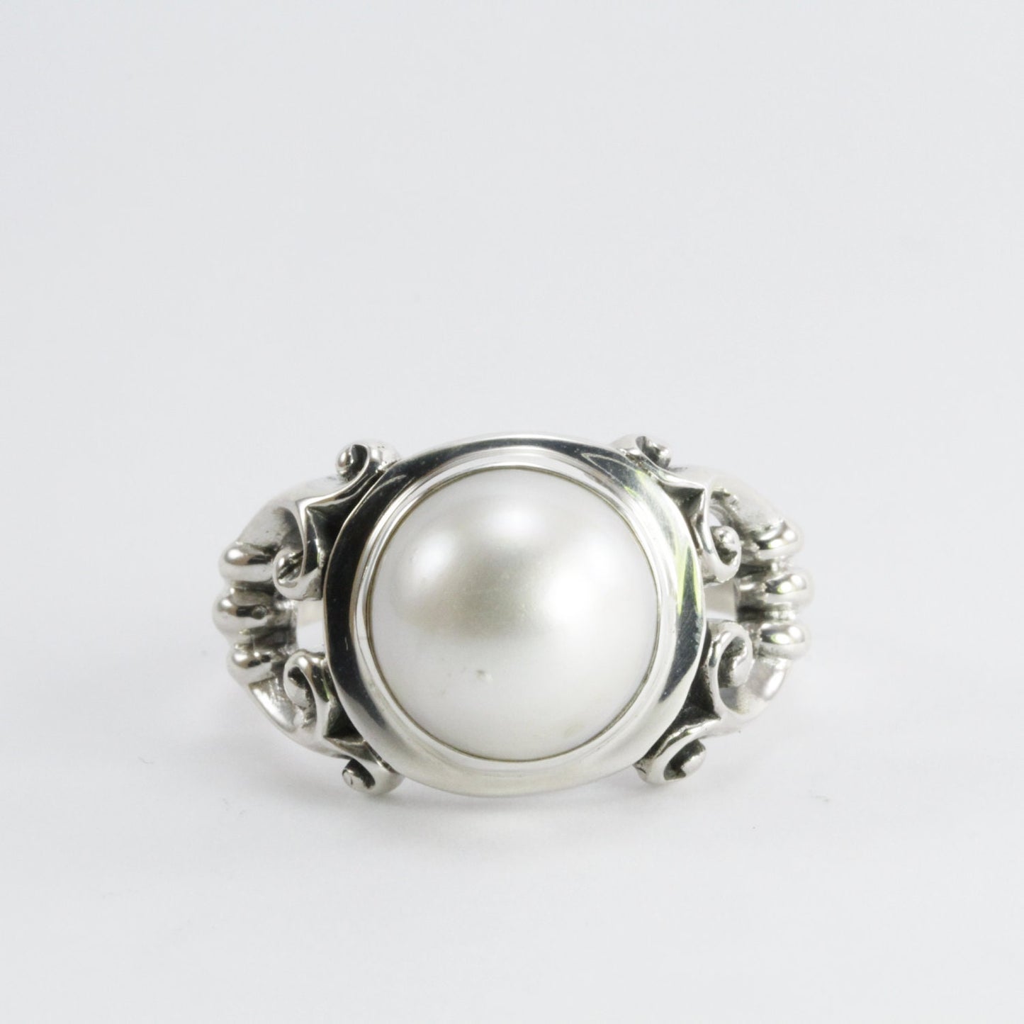 Handmade bezel set ring design 925 sterling silver with 12 mm genuine cultured white round mabe pearl decorated with swirl filigree shank
