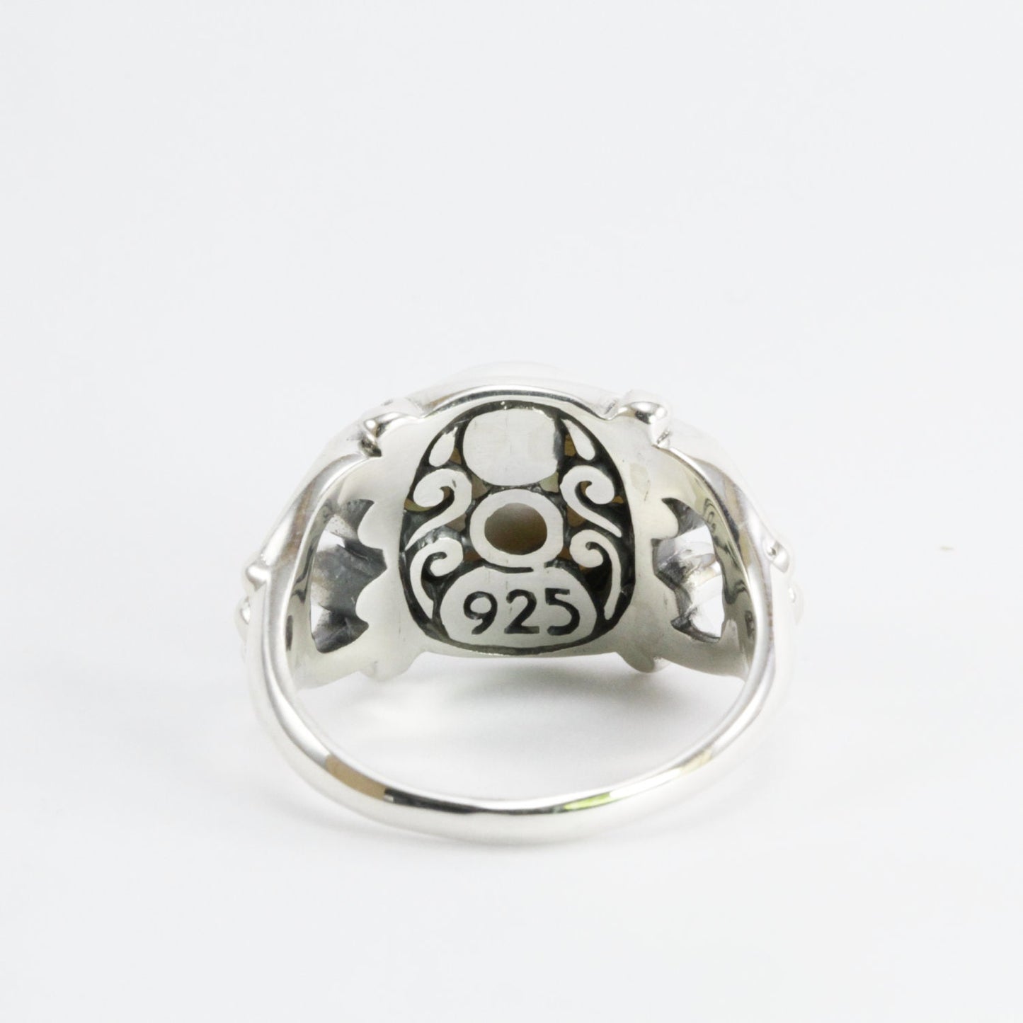Handmade bezel set ring design 925 sterling silver with 12 mm genuine cultured white round mabe pearl decorated with swirl filigree shank
