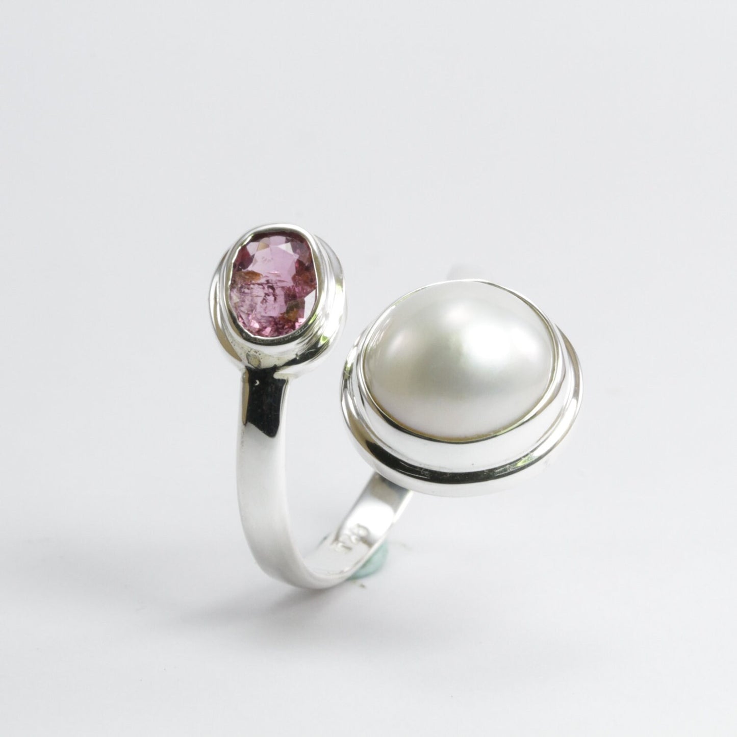 Handmade bypass freesize ring with genuine 12 mm white mabe pearl and natural Pink Tourmaline,