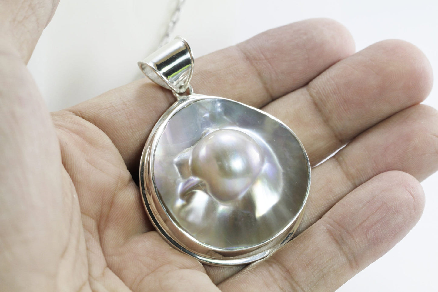 Blister pearl set in 925 sterling silver necklace pendant 43 MM Large from Indonesia