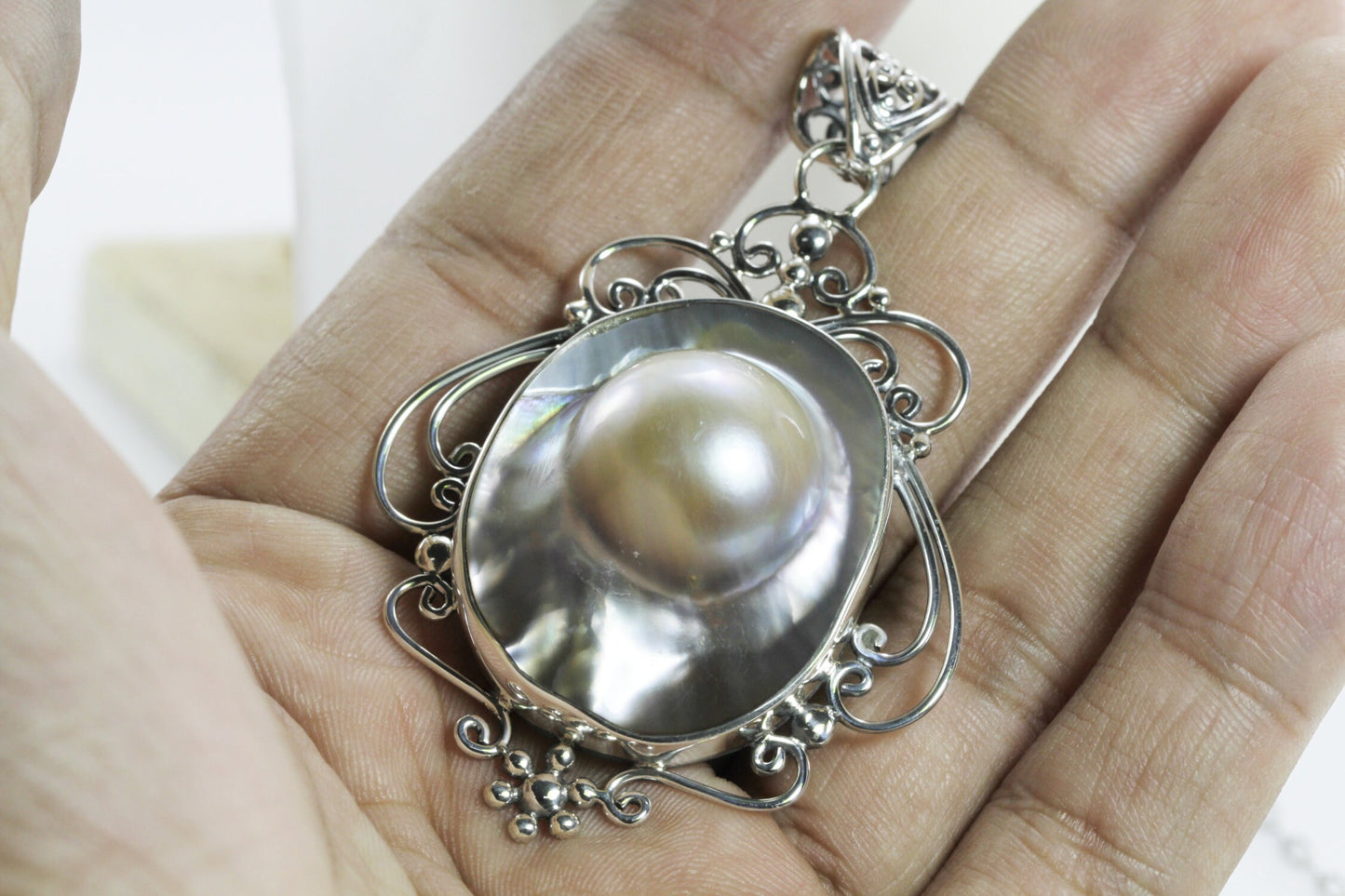 blister pearl pendant necklace 925 sterling silver 29 mm , large pearl pendant