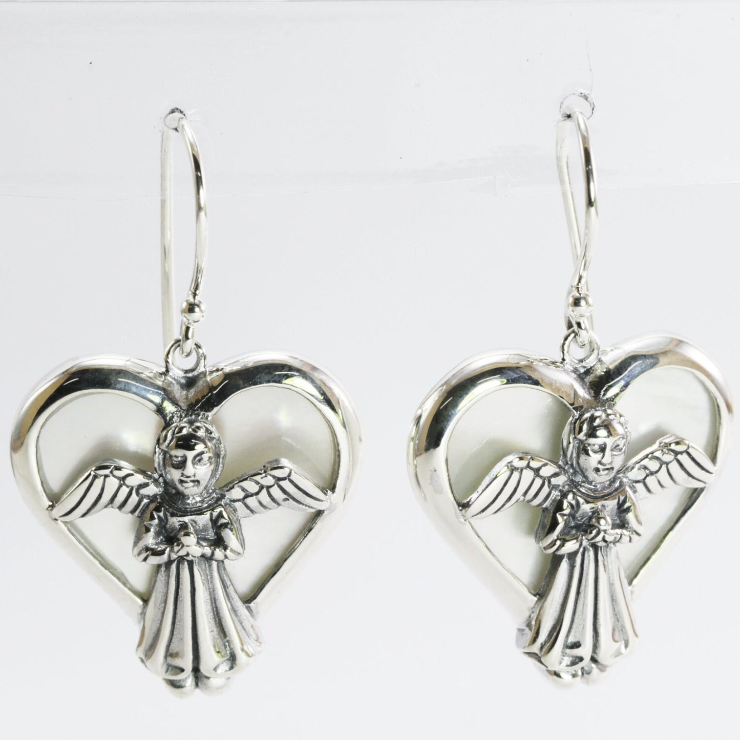 silver angel earrings with natural white shell set in 925 sterling silver