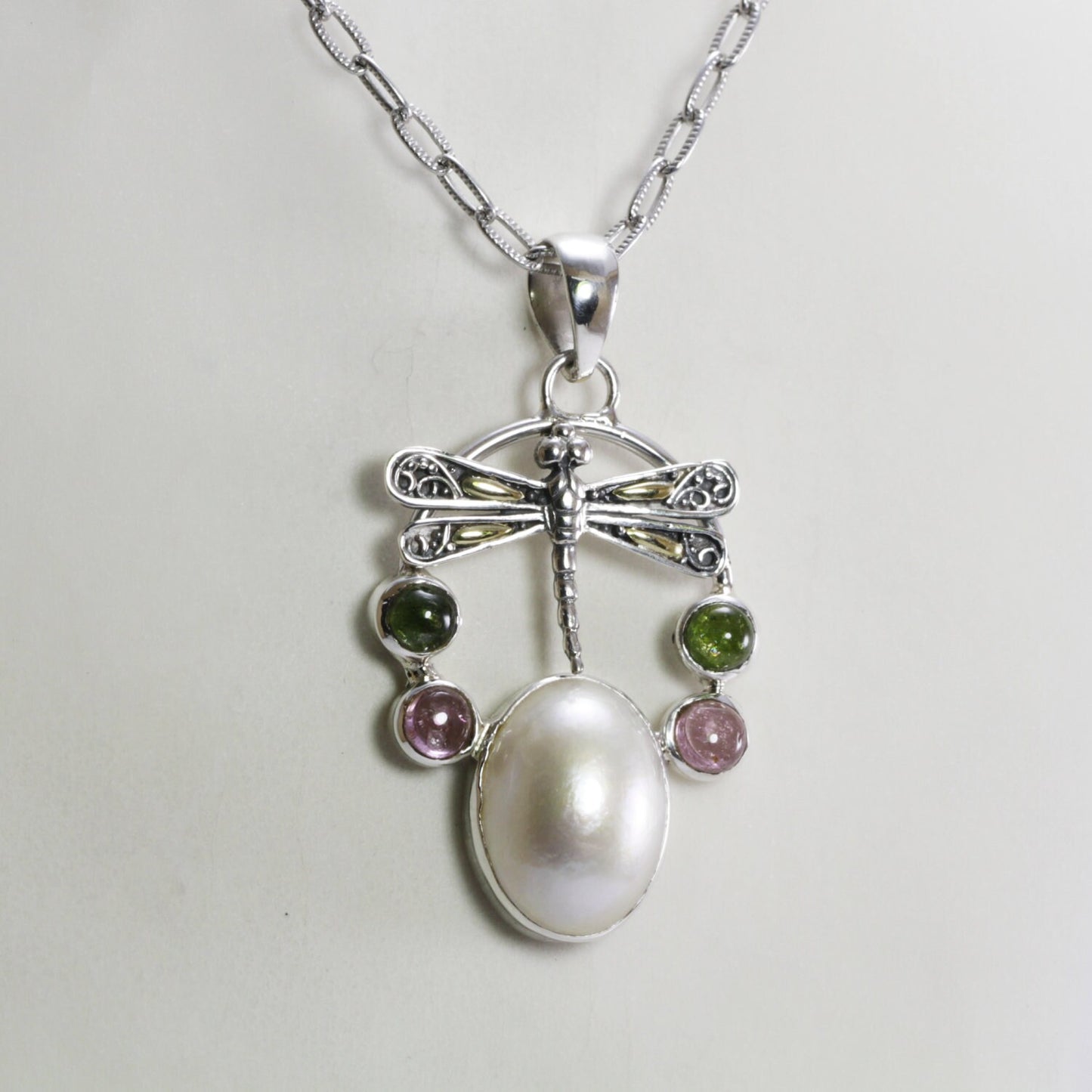 dragonfly pendant necklace 925 sterling silver, 18 k gold with genuine white mabe pearl and tourmaline