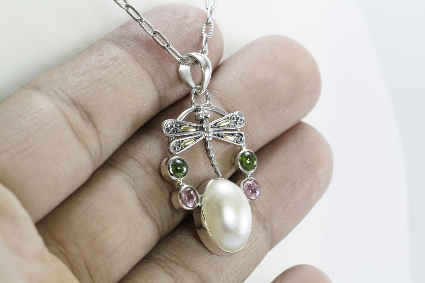 dragonfly pendant necklace 925 sterling silver, 18 k gold with genuine white mabe pearl and tourmaline