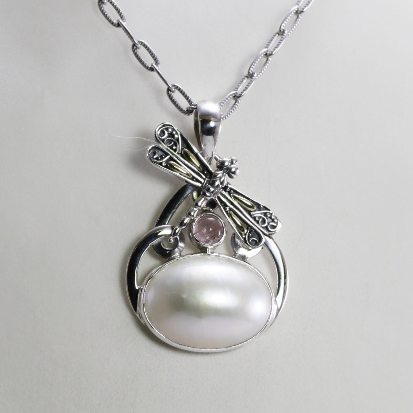 white mabe pearl pendant necklace 925 sterling silver oval shape decorated with pink tourmaline and dragonfly ornament with 18 k gold