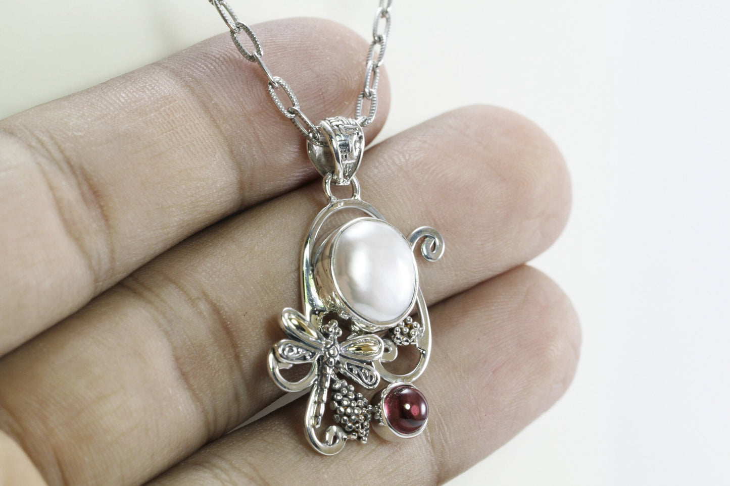 dragonfly pendant necklace 925 sterling silver with 18 k gold, pink tourmaline and white pearl baroque