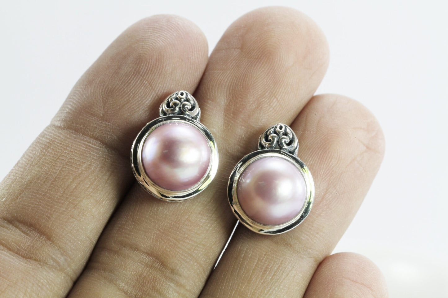 Genuine Round 12mm mabe pearl stud earrings set in Bali handmade 925 sterling silver decorated with swirl filigree art,