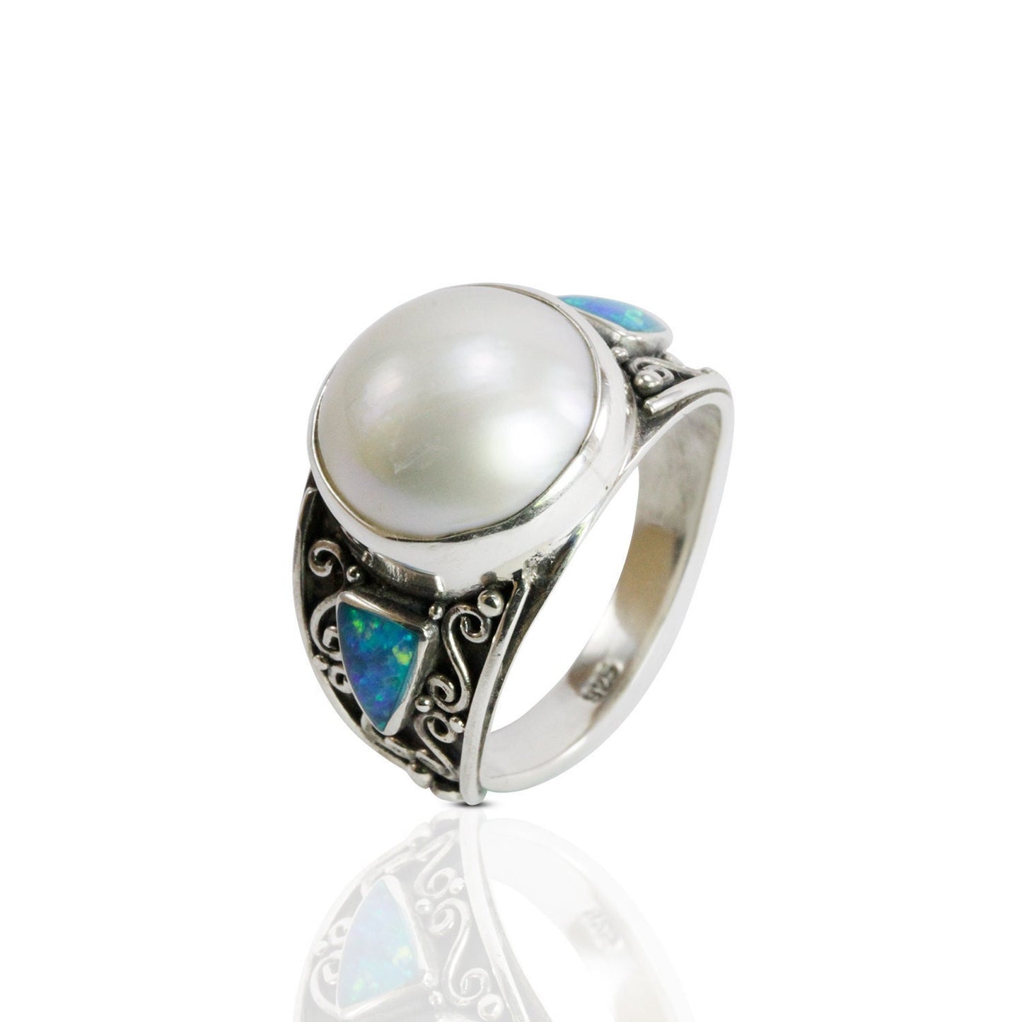 LUX white Mabe pearl ring decorated with handmade filigree and formed blue opal set in 925 sterling silver, 12 mm mabe pearl ring