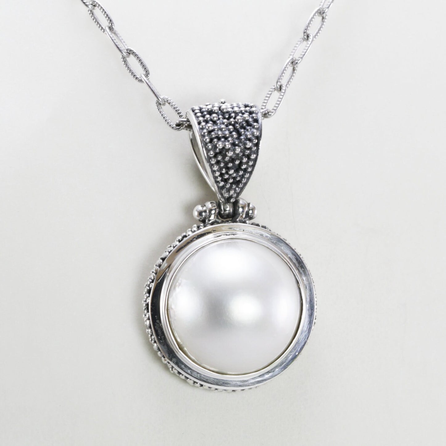 white mabe pearl pendant necklace 925 sterling silver decorated with caviar ornament