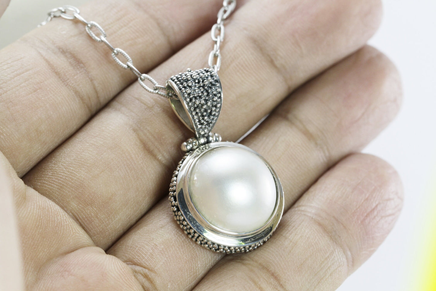 white mabe pearl pendant necklace 925 sterling silver decorated with caviar ornament
