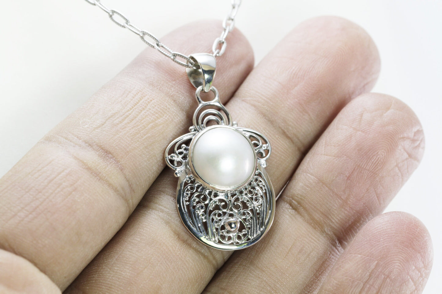 white mabe pearl pendant necklace 925 sterling silver decorated with filigree ornament