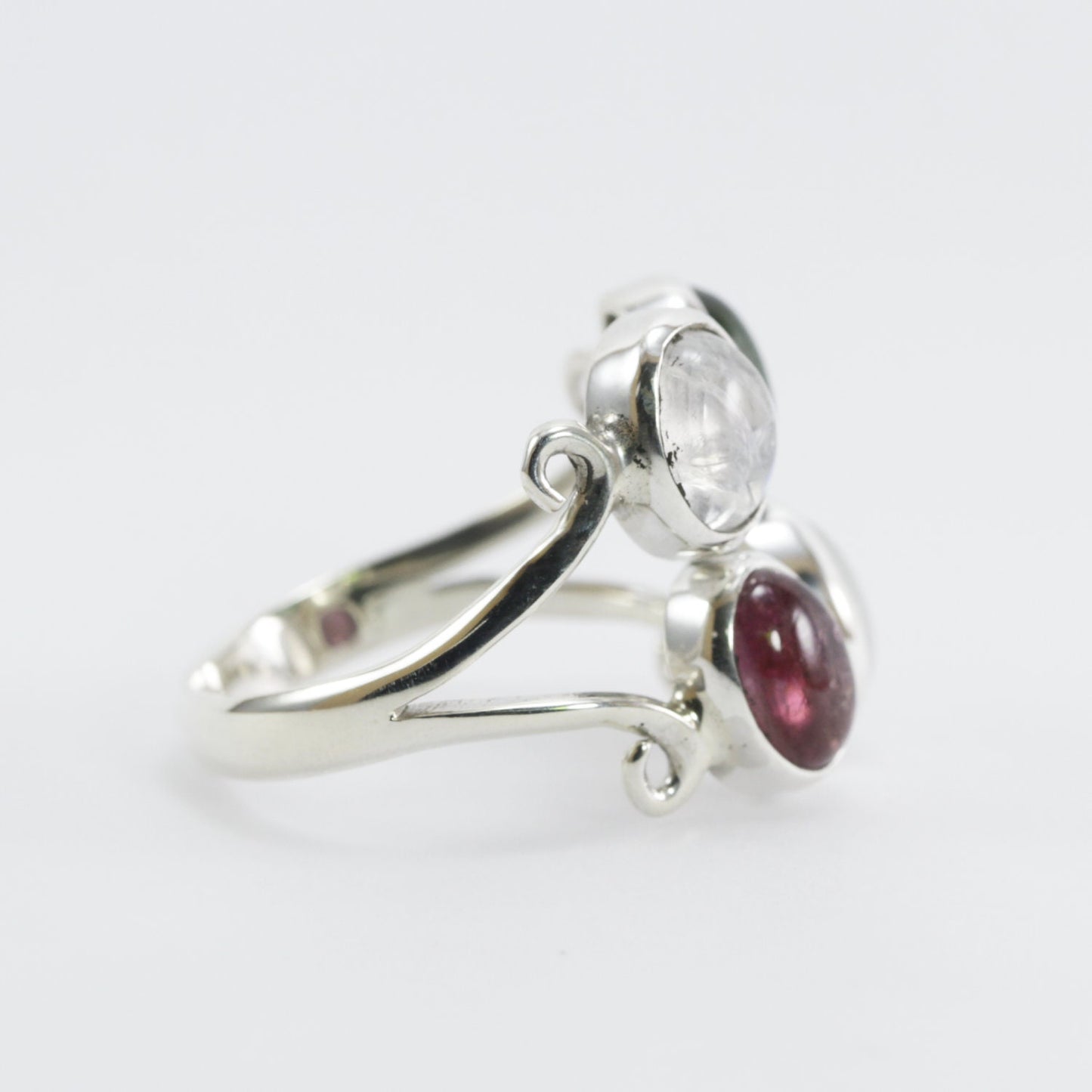 moonstone and tourmaline set in handmade 925 sterling silver adjustable ring, four stone silver ring