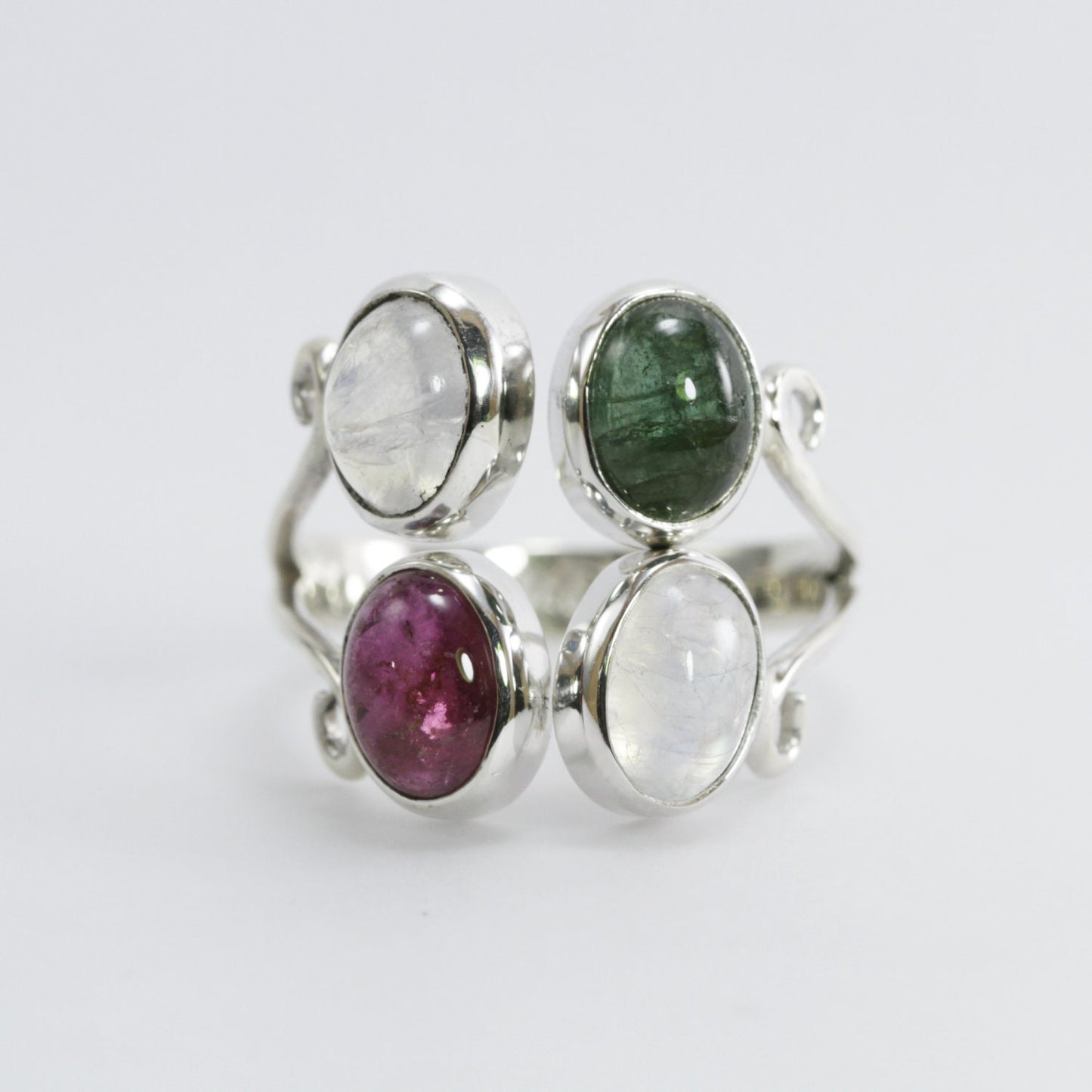 moonstone and tourmaline set in handmade 925 sterling silver adjustable ring, four stone silver ring