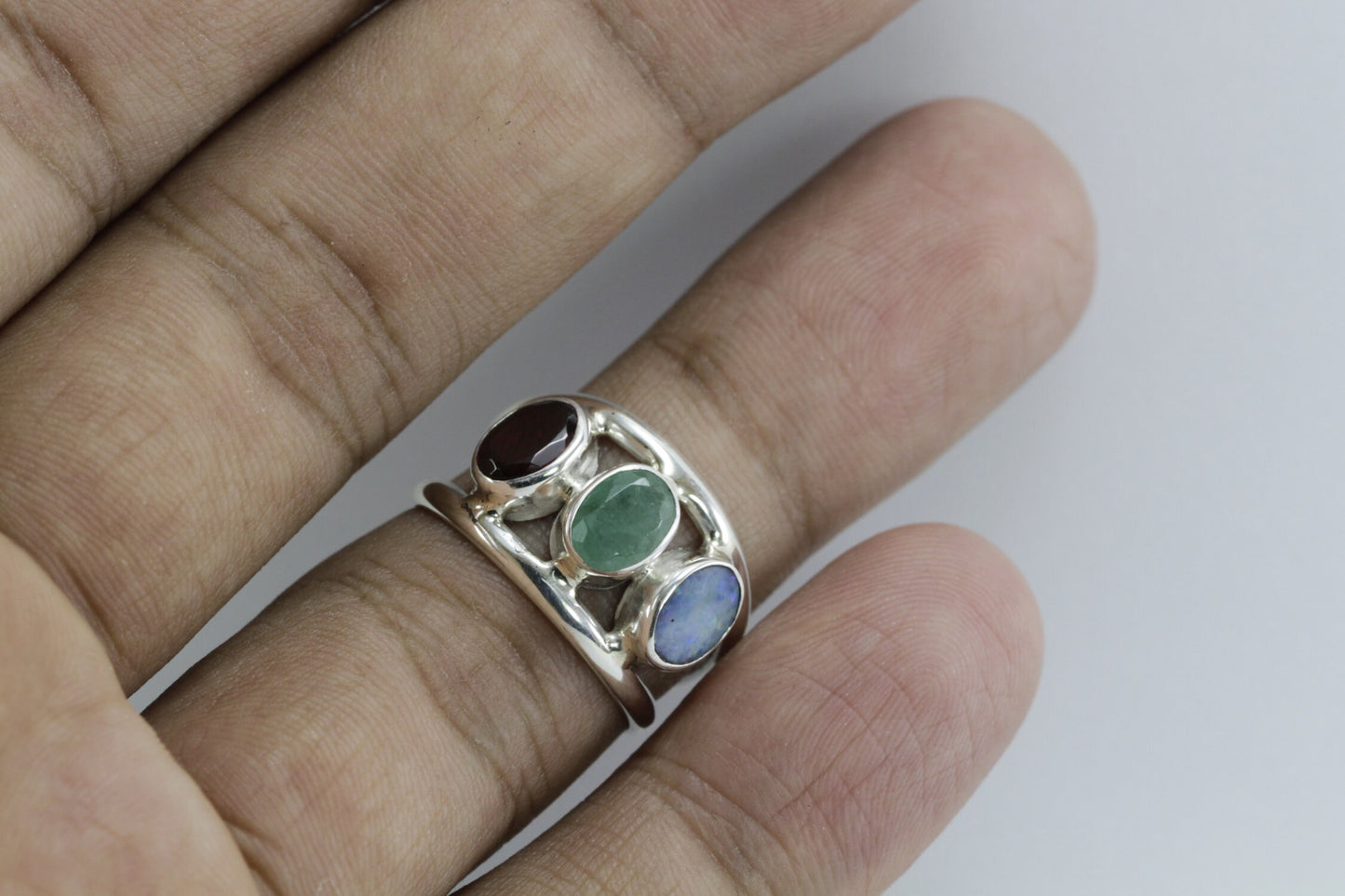 three stones ring 925 sterling silver with genuine emerald, opal and garnet