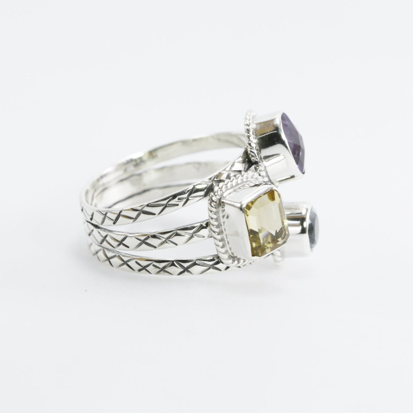 Three stones ring set in 925 sterling silver, combination of natural amethyst, citrine, and blue topaz decorated with cable rope