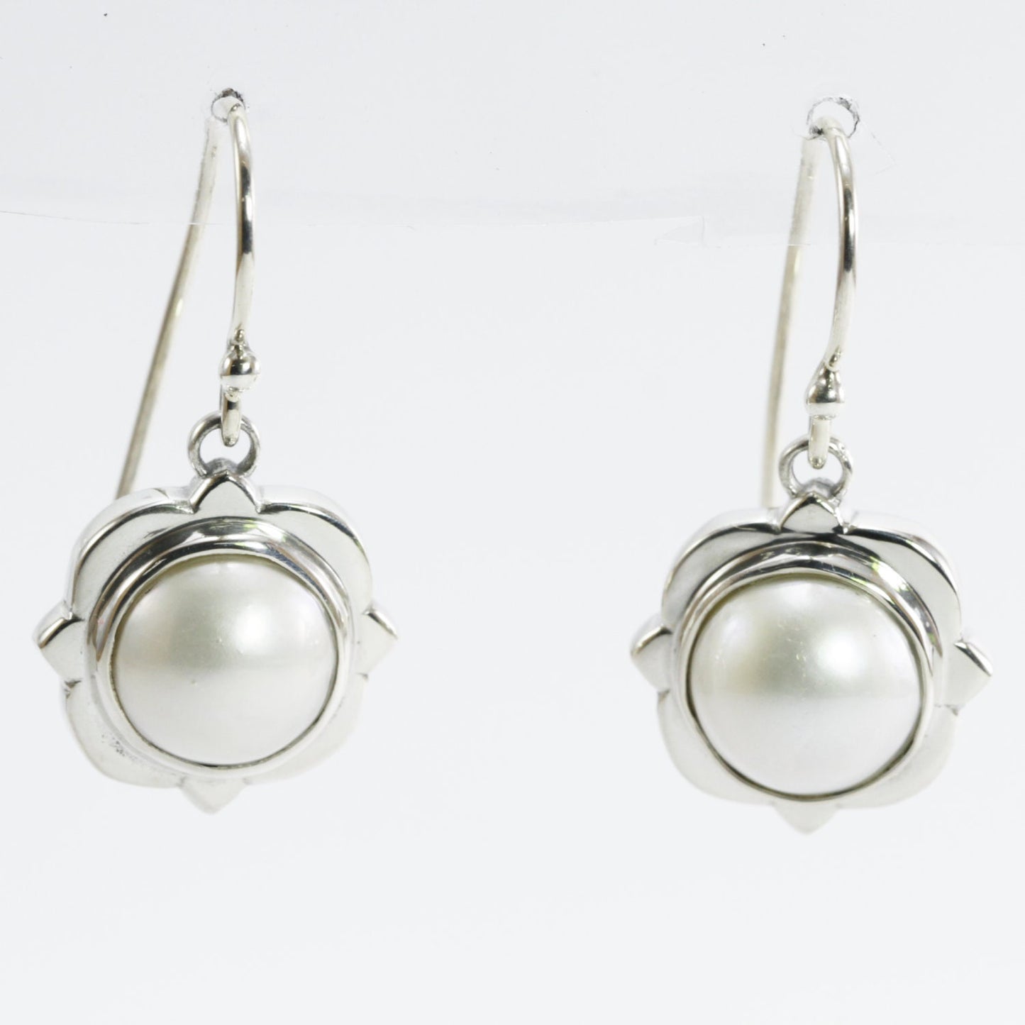 natural round 12mm white mabe pearl set in 925 sterling silver earrings with flower style, handmade earrings with white pearl