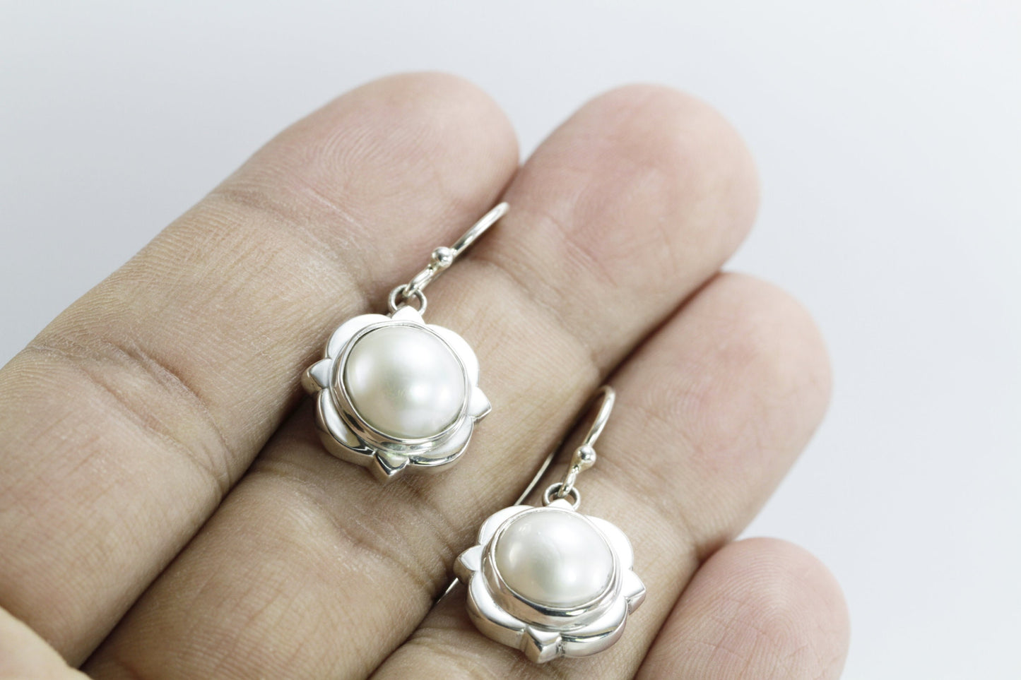 natural round 12mm white mabe pearl set in 925 sterling silver earrings with flower style, handmade earrings with white pearl