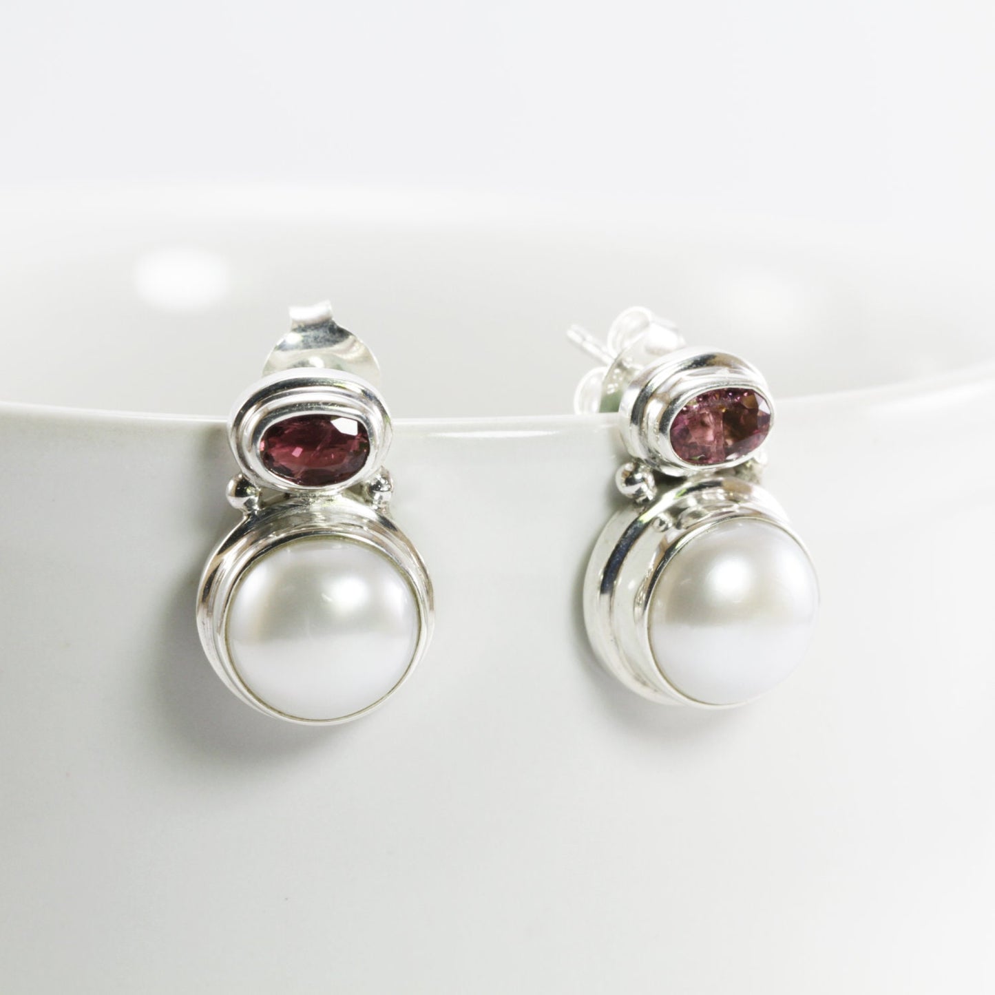 fresh water pearl earrings stud 925 sterling silver with genuine pink tourmaline
