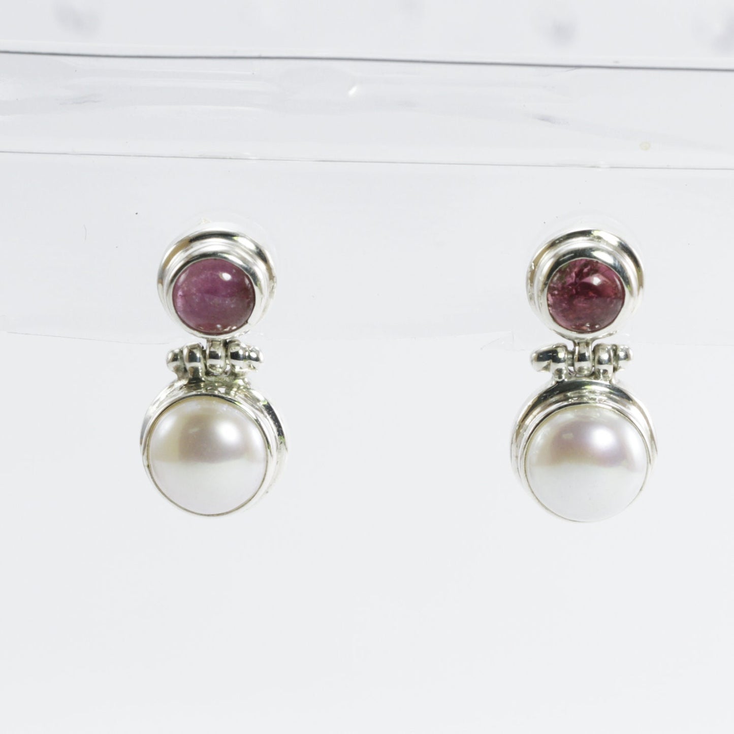 freshwater pearl earrings stud 925 sterling silver with genuine pink tourmaline