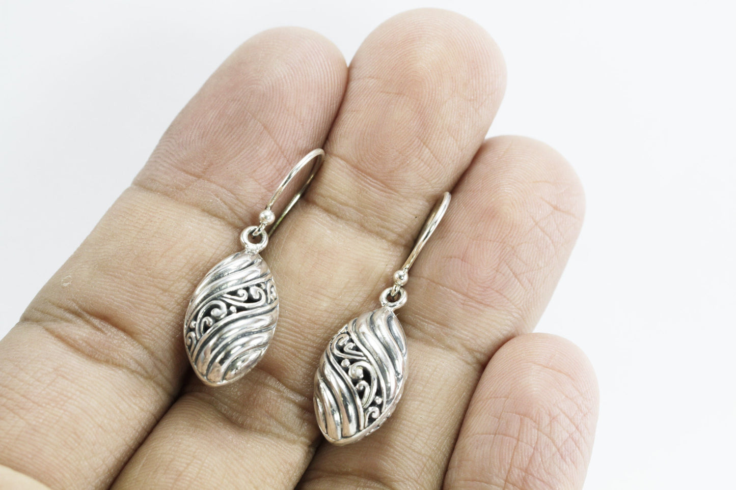 marquise earrings 925 sterling silver decorated with bali carving filigree ornament