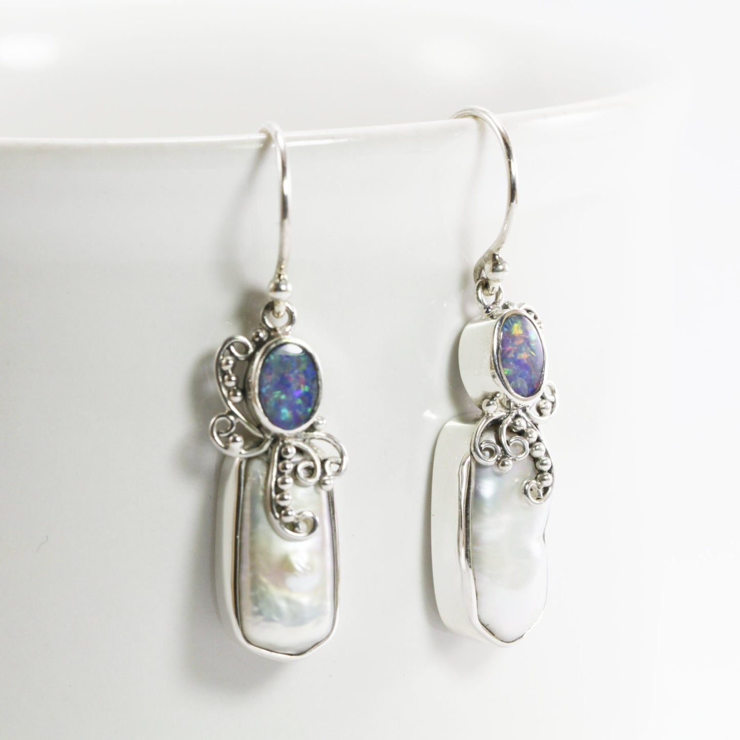 Beautiful dangle drop earrings with natural Australian fire opal and genuine baroque pearl set in handmade 925 sterling silver leaf