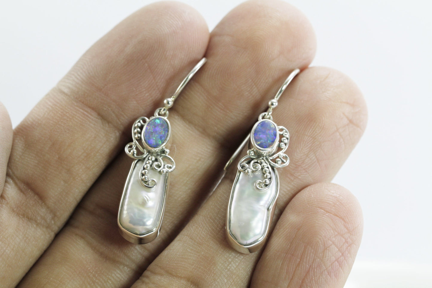 Beautiful dangle drop earrings with natural Australian fire opal and genuine baroque pearl set in handmade 925 sterling silver leaf