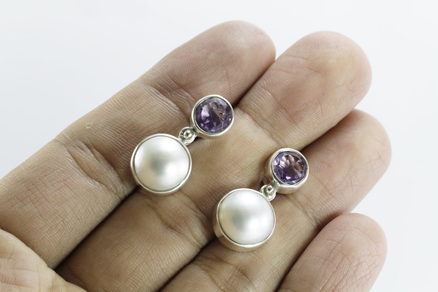 amethyst earrings stud 925 sterling silver with white mabe pearl dangle