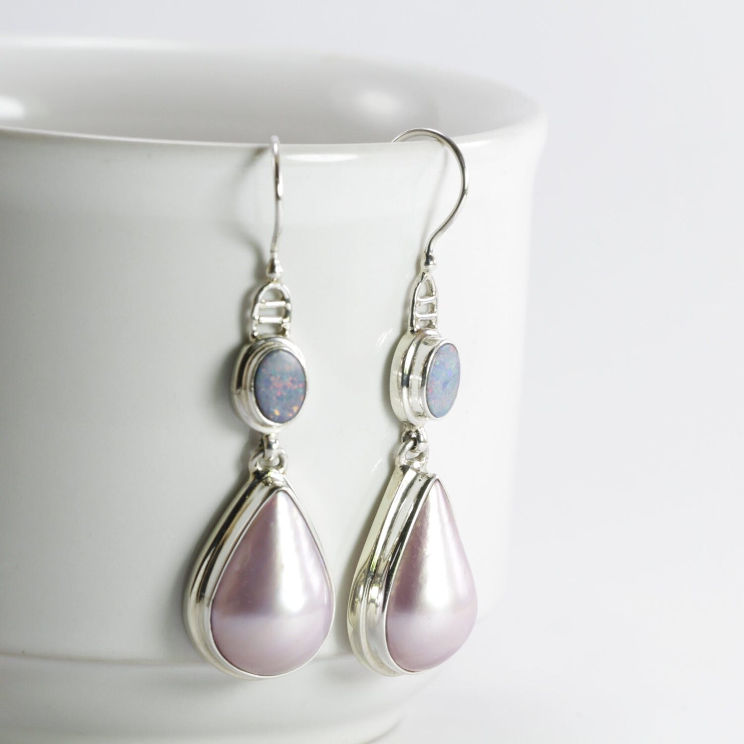 pink mabe pearl earrings 925 sterling silver with genuine opal, teardrop pearl earrings