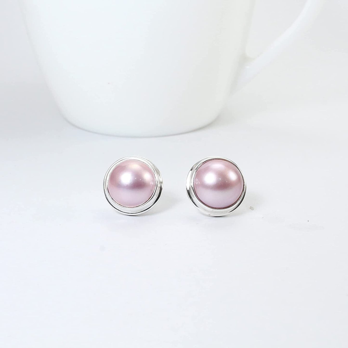pink mabe pearl earrings stud Round 13 mm set in handmade double bezel 925 sterling silver