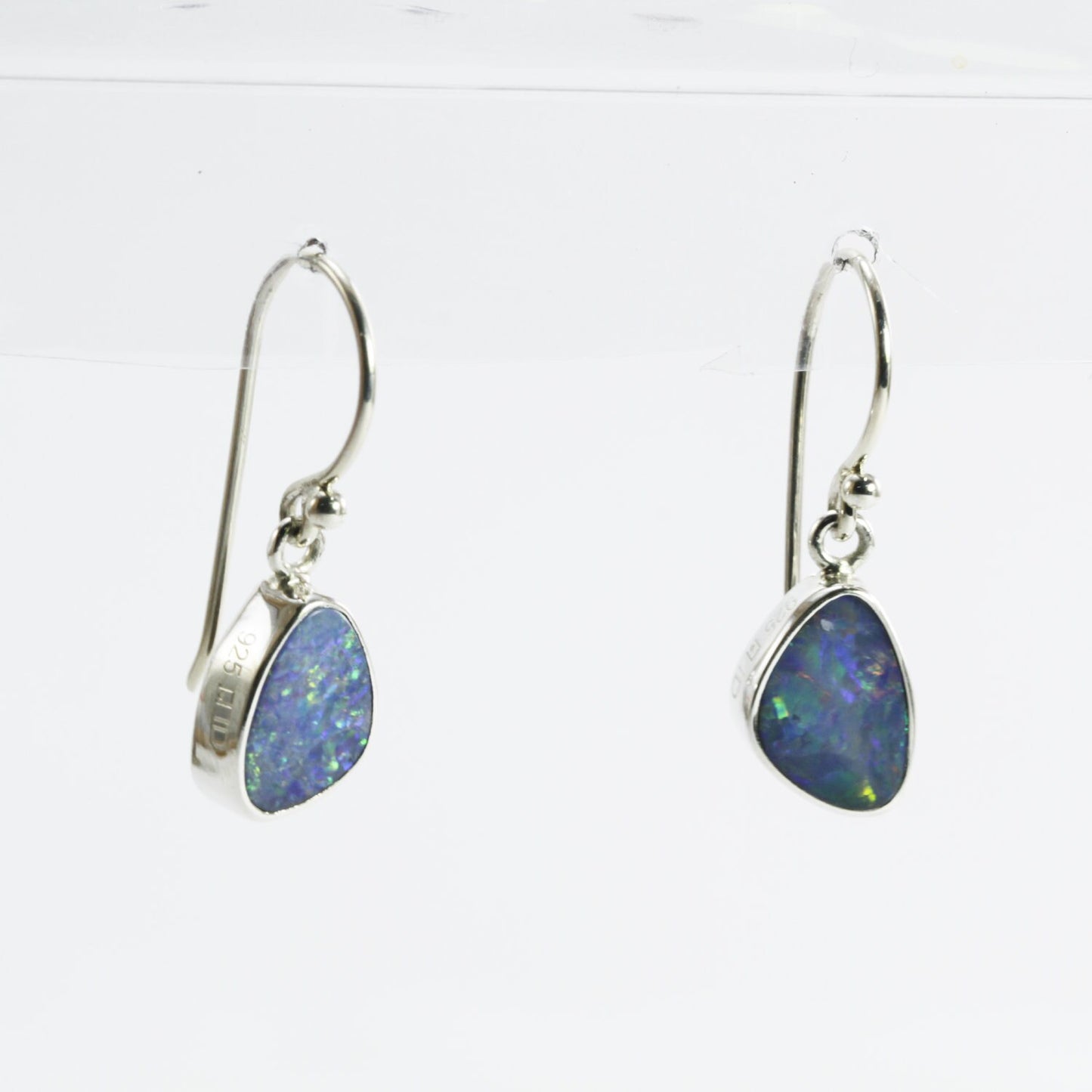 Australian opal dangle earrings bezel set in 925 sterling silver, blue fire opal earrings