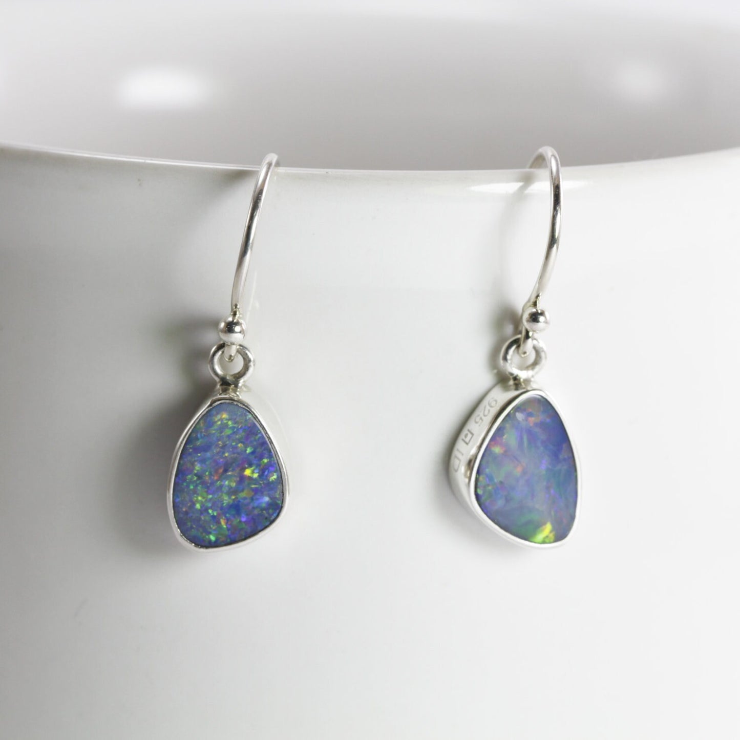 Australian opal dangle earrings bezel set in 925 sterling silver, blue fire opal earrings
