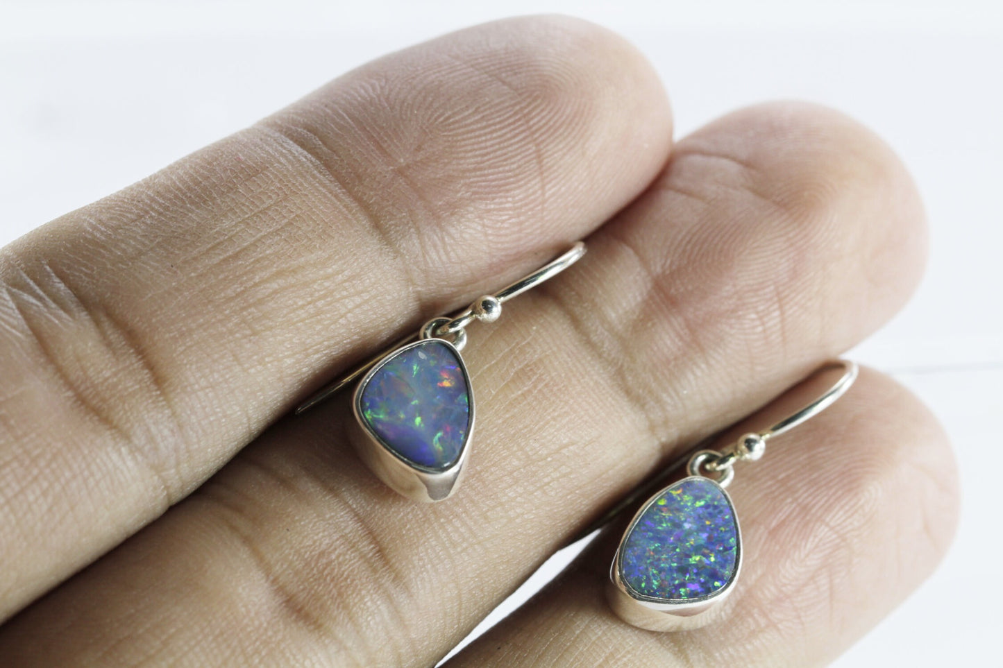 Australian opal dangle earrings bezel set in 925 sterling silver, blue fire opal earrings