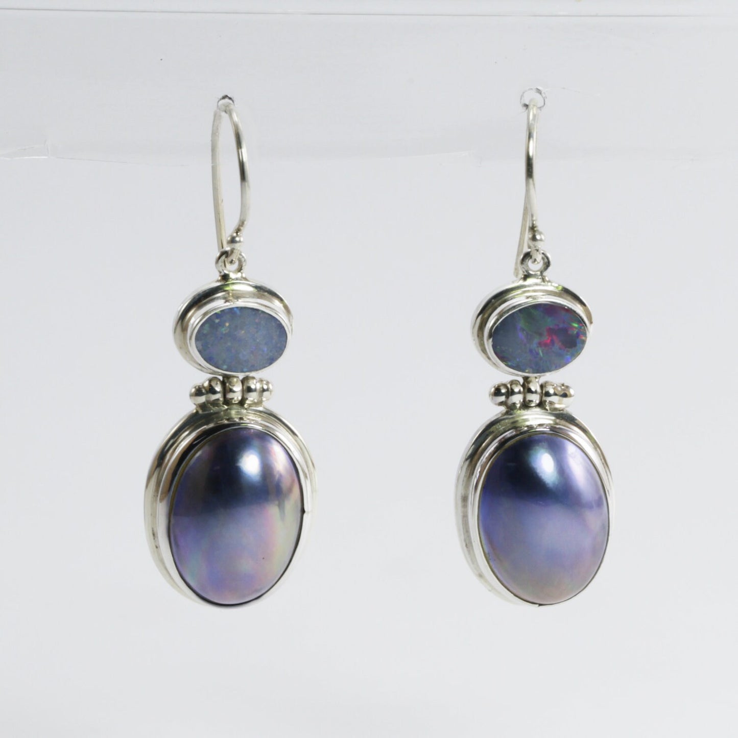oval mabe pearl earrings 925 sterling silver with Australian opal dangle earrings