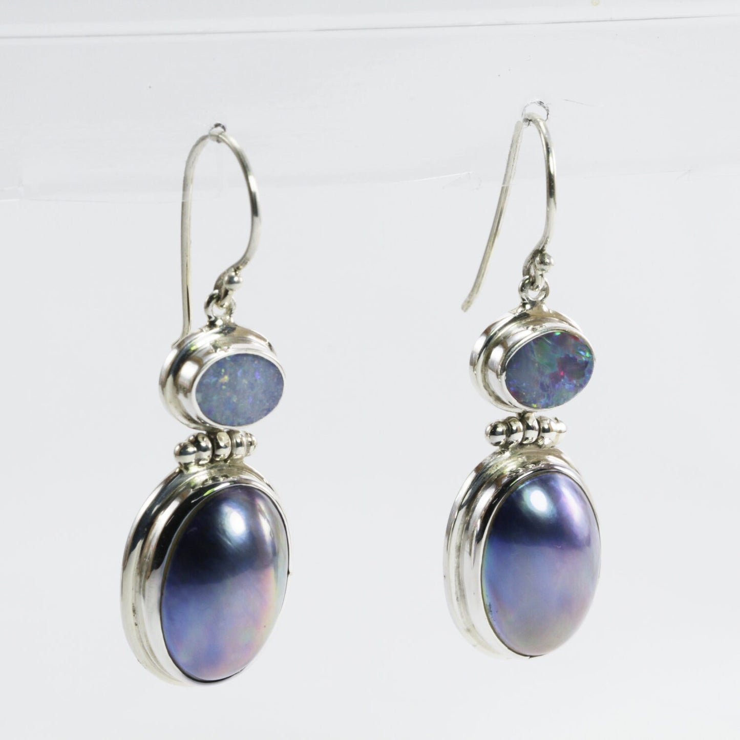 oval mabe pearl earrings 925 sterling silver with Australian opal dangle earrings