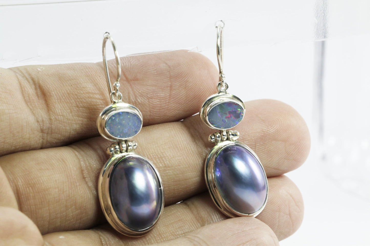 oval mabe pearl earrings 925 sterling silver with Australian opal dangle earrings