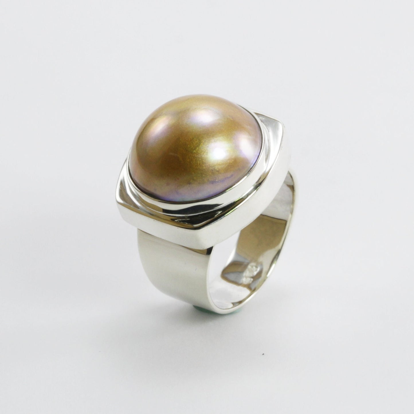 Rare round Golden mabe pearl 16 mm set in 925 sterling silver ring, handmade wide band ring with gold mabe pearl