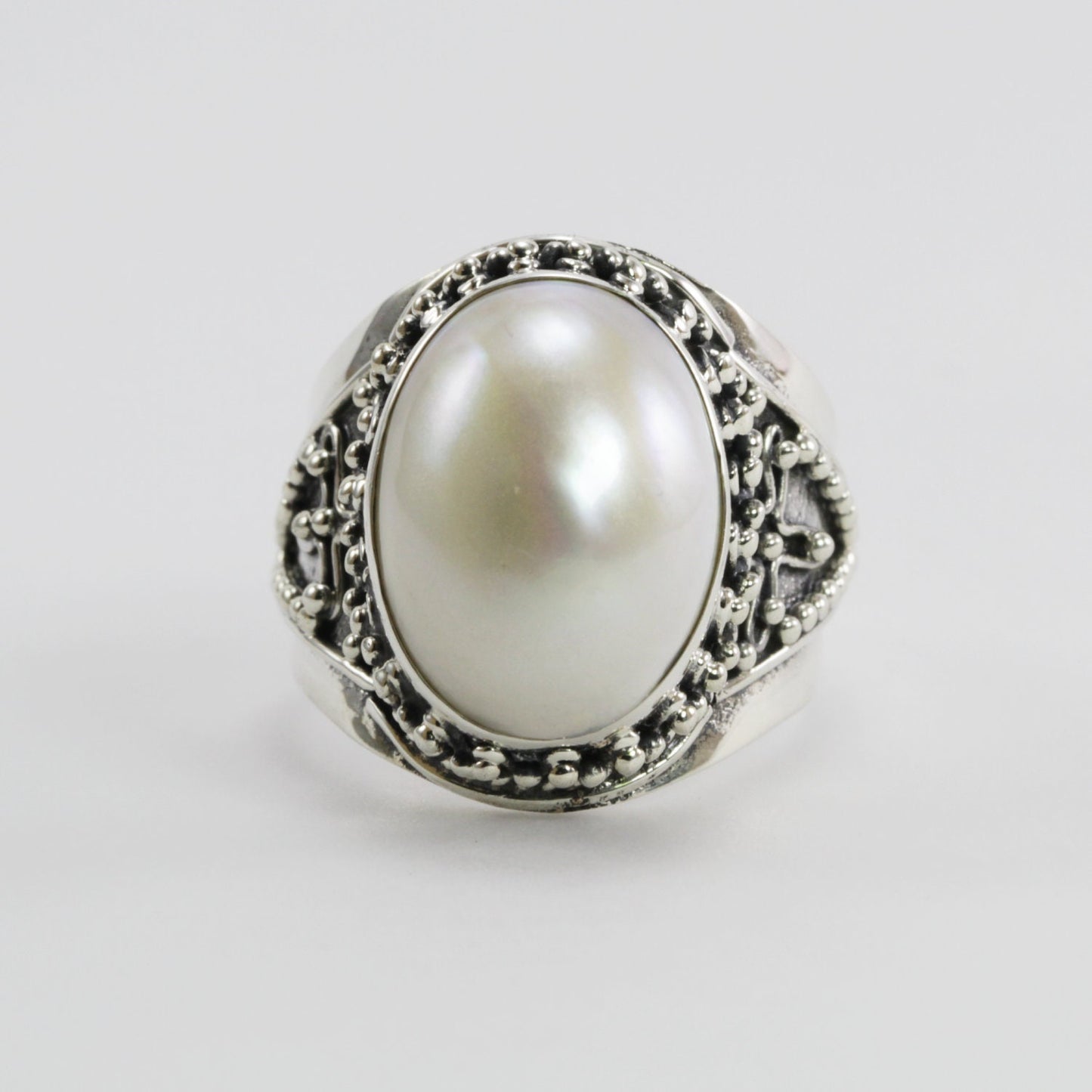 oval mabe pearl ring 925 sterling silver decorated with filigree ornament art