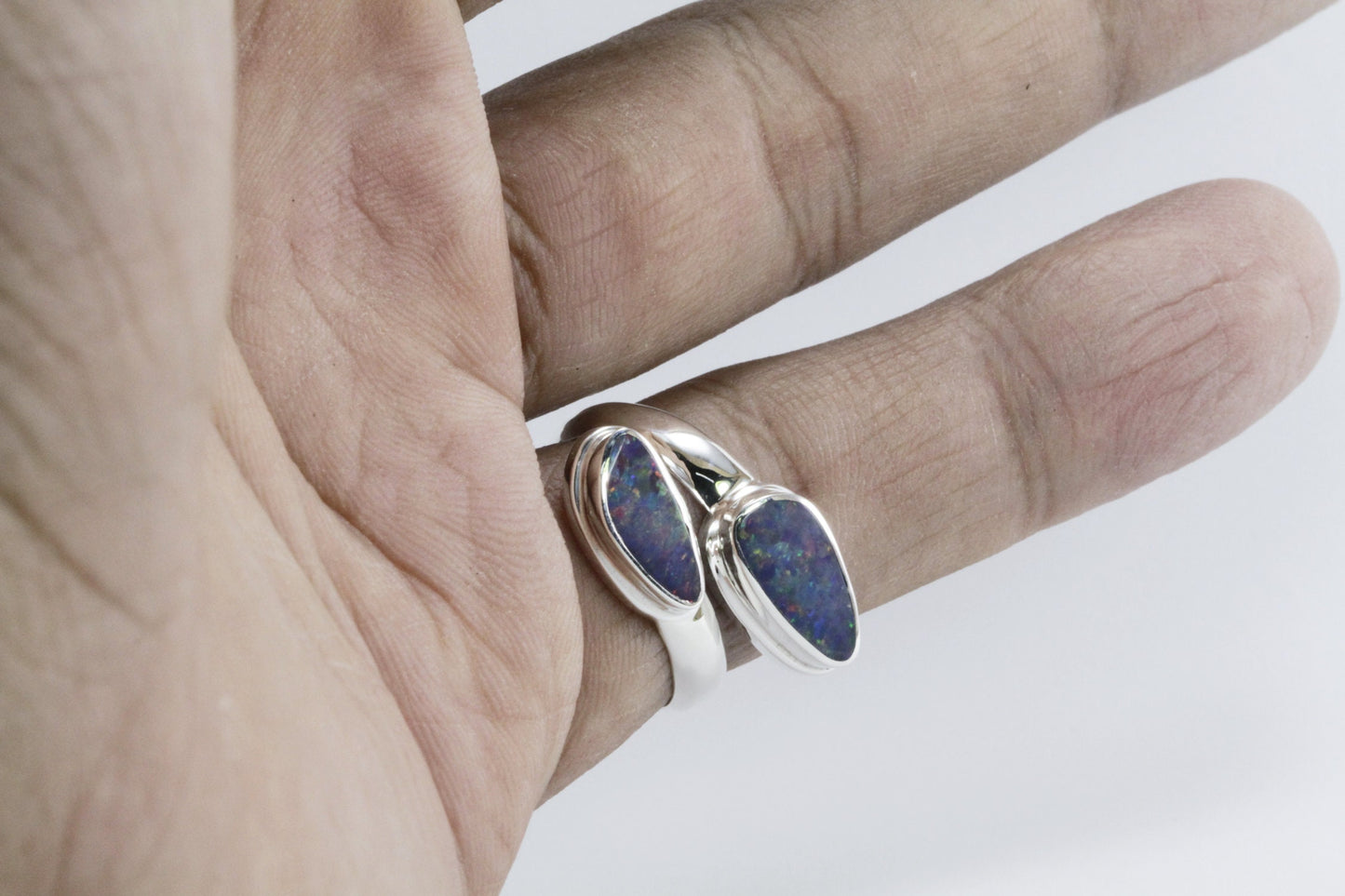 bypass ring with genuine blue opal set in 925 sterling silver, opal ring