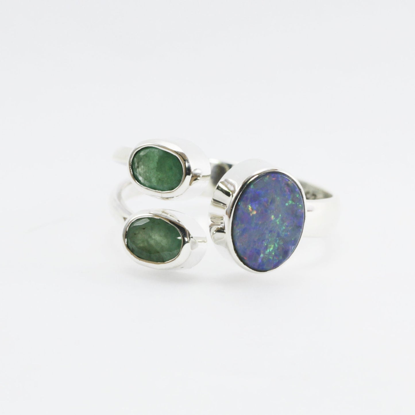 Three stones ring adjustable with fire opal and natural green emerald set in 925 sterling silver split shank style