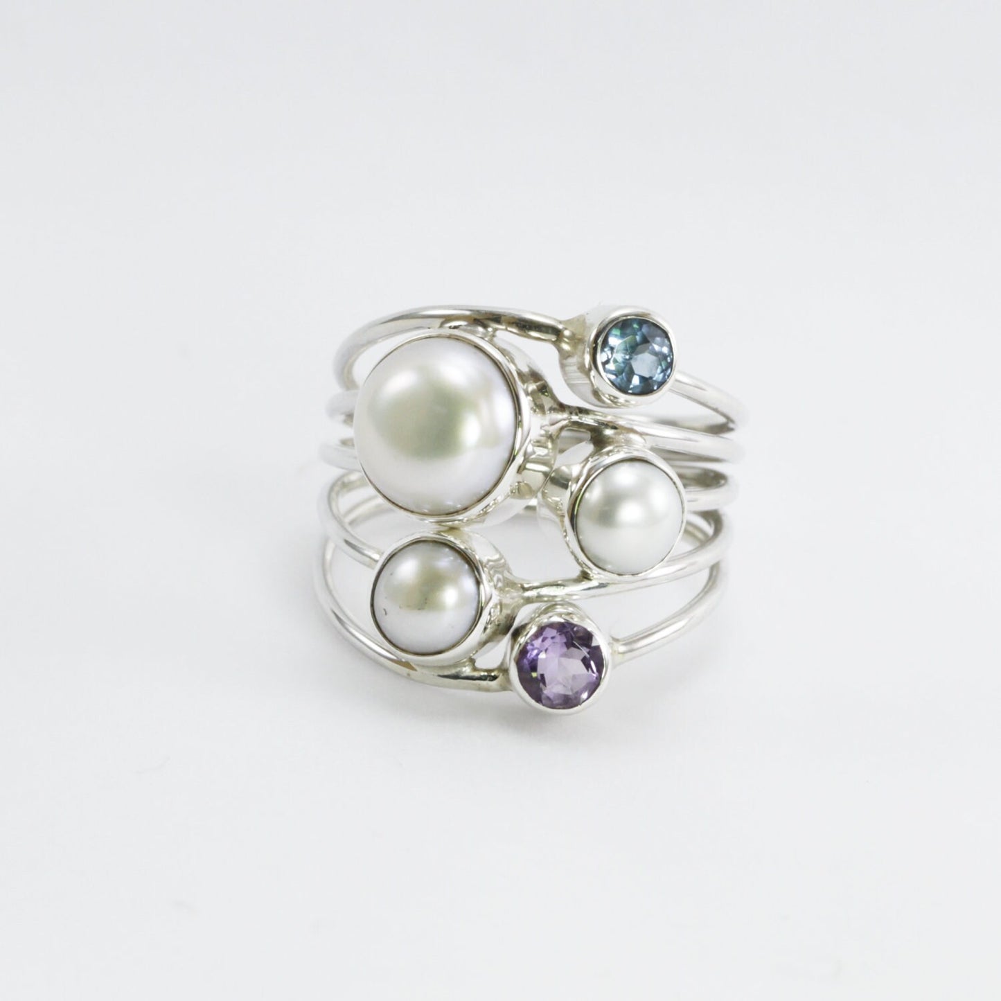 multi stone ring with amethyst, blue topaz, fresh water pearl set in 925 sterling silver handmade split shank style