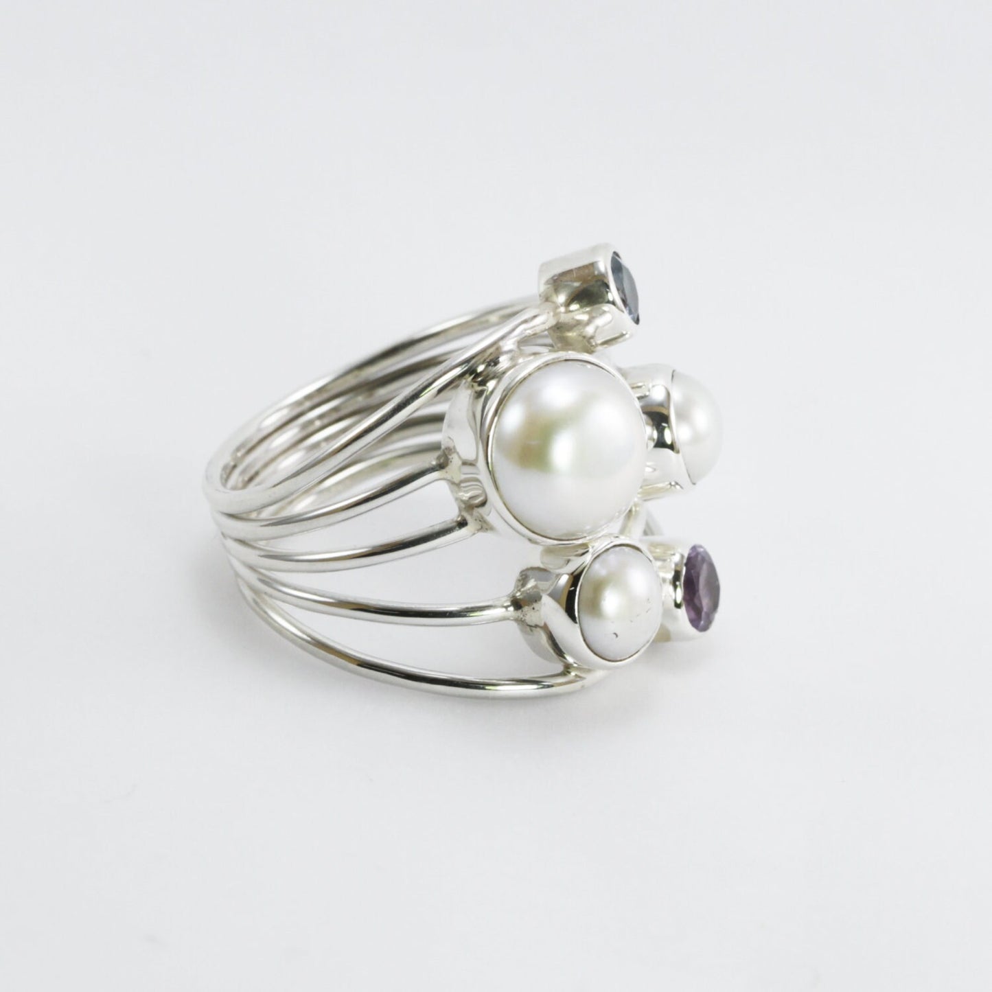 multi stone ring with amethyst, blue topaz, fresh water pearl set in 925 sterling silver handmade split shank style
