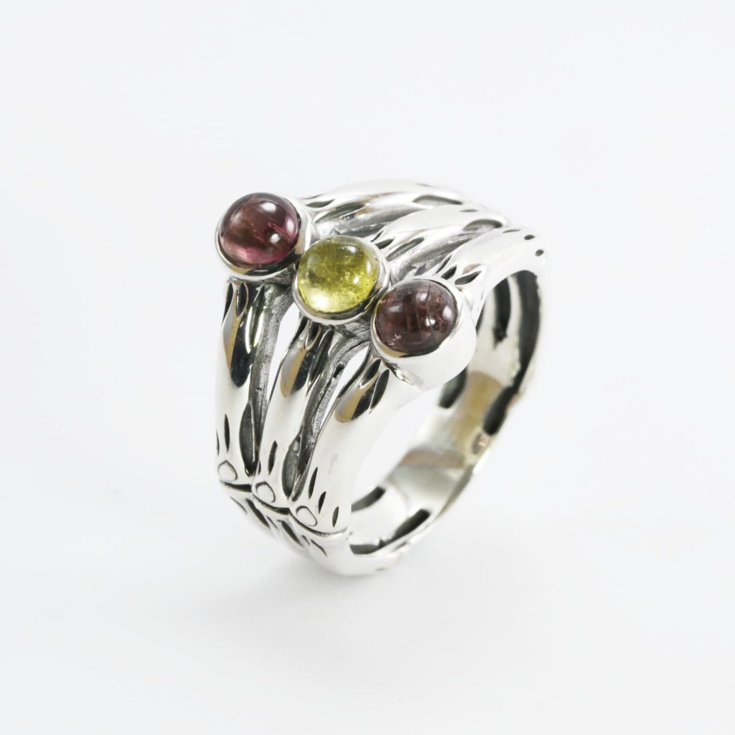 Three stones ring with 5mm multi color tourmaline set in handmade 925 sterling silver